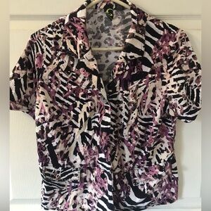 Sportelle women's button up top blouse Black Purple Zebra Size Large